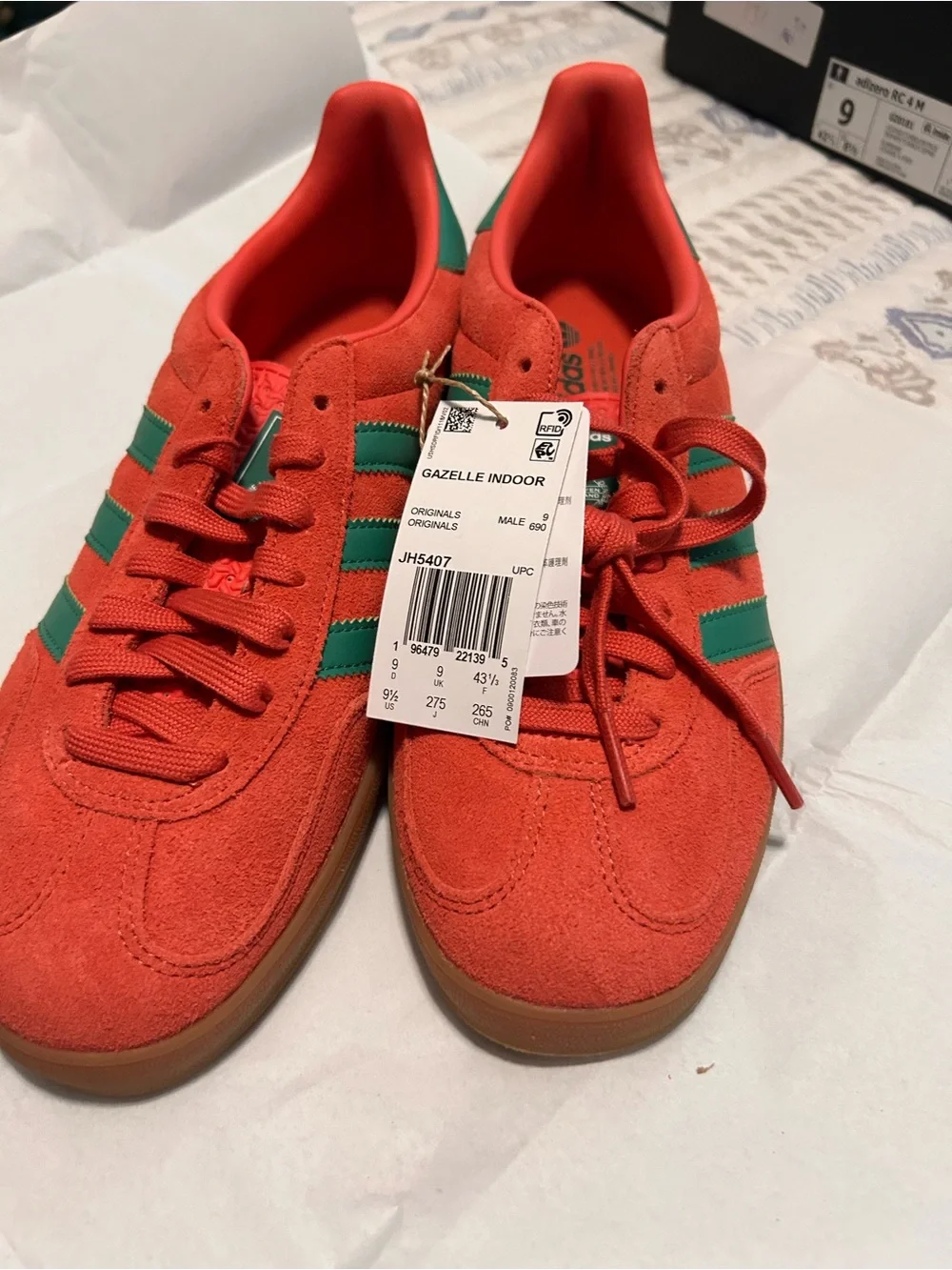 adidas Red Suede Gazelle Indoor Sneakers with Green Stripes